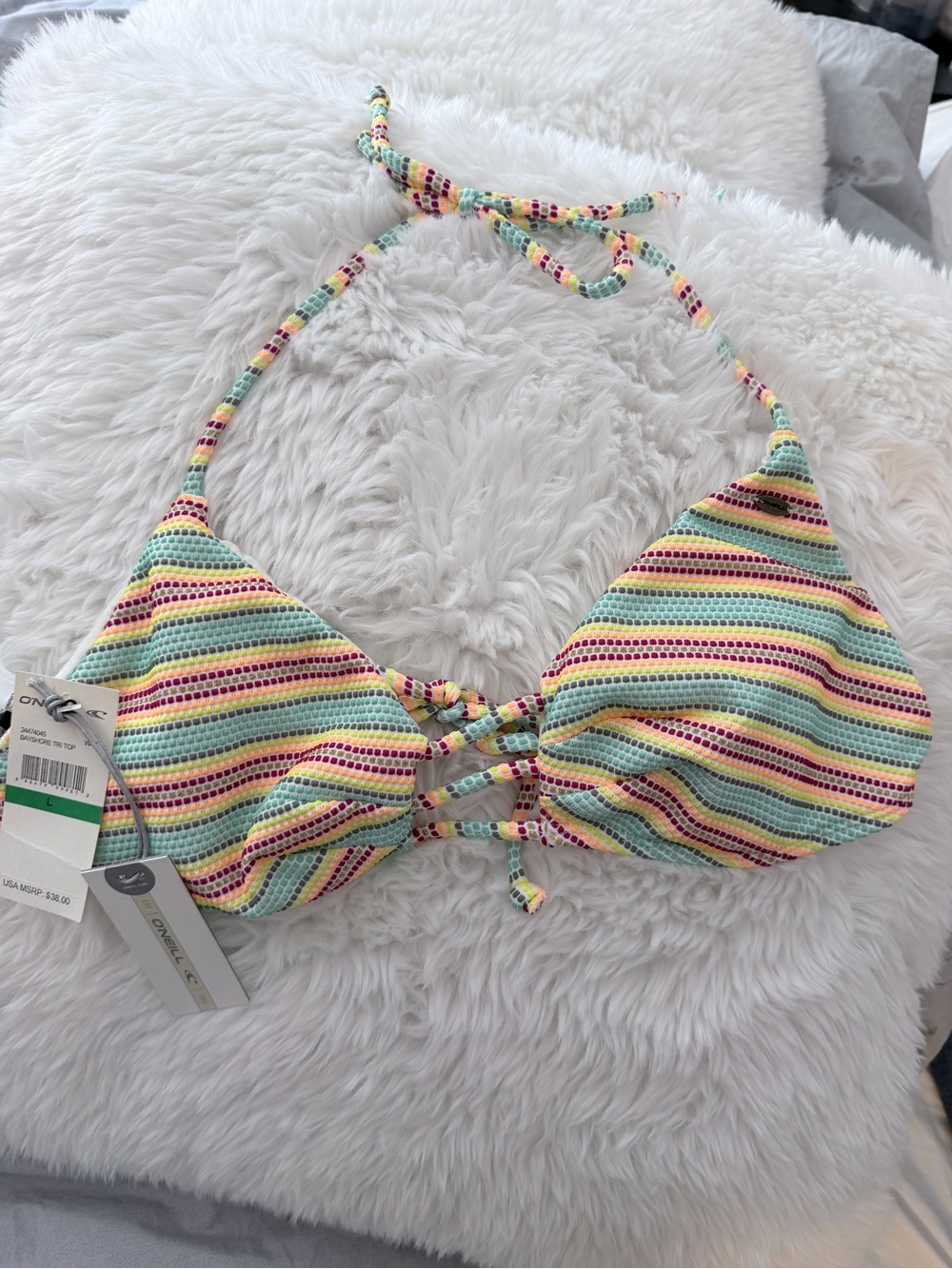 O'Neill Pastel Striped Halter Bikini Top in Mint and Multi